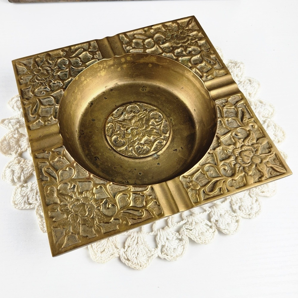Vintage Brass Ashtray Floral Embossed Square Ornate Trinket Dish 6.5 Inch Large